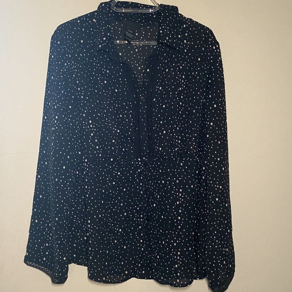 Lane Bryant Polkadot Blouse Women Plus 14/16 Black Blue Tan Long Sleeve Collared